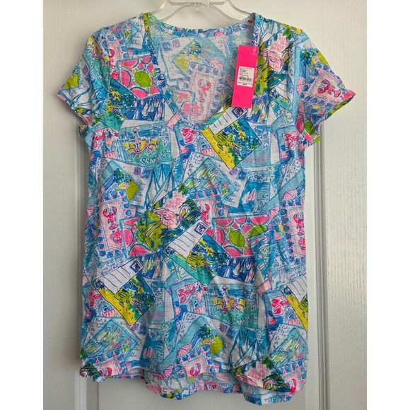 Lilly Pulitzer Etta I Wish You Were Here Multi V Neck Tee Shirt Size S NWT Vacay - Picture 3 of 7